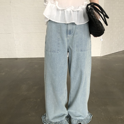 FROM ANNA/TABLE BLUE-E工艺荷叶裤边浅蓝色洗水牛仔裤(空标)H208