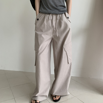 FROM ANNA/TABLE BLUE-ANNATABEBUE宽松阔腿高腰长裤工装裤A86040