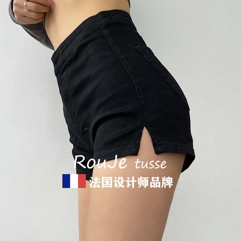 Rouje tusse开叉牛仔短裤女夏季新款高腰弹力显瘦a字包臀热裤子潮