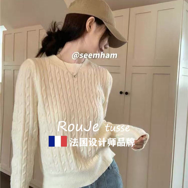 Rouje tusse麻花圆领羊绒毛衣女秋冬慵懒风短款打底羊毛针织衫潮