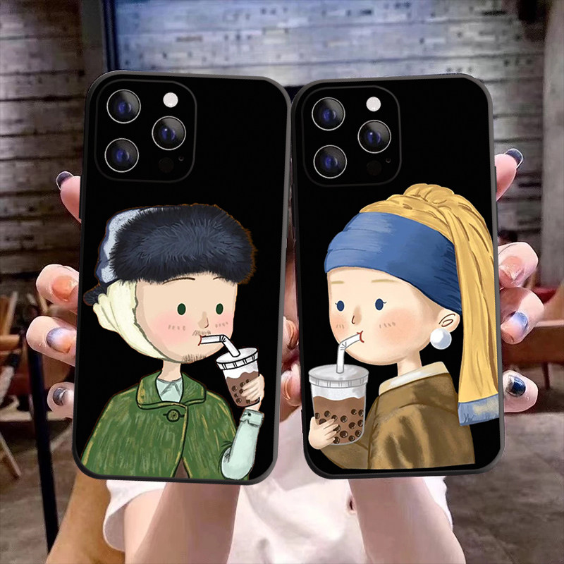 文艺复古恶搞艺术油画iPhone16pro少女名画15promxs奶茶可爱外壳14带珍珠耳环11全包xr高级感13全包情