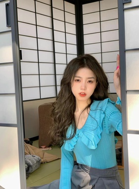 小野智恩多种穿法春季新款针织v领毛衣女2024年荷叶边显瘦上衣