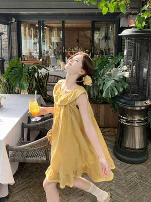 法式复古甜美花边领苎麻连衣裙女宽松显瘦俏皮可爱减龄中长裙子夏