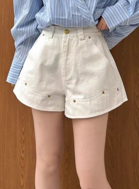 欧洲站夏季高腰牛仔短裤女一粒扣A字版阔腿裤铆钉设计白色阔腿裤