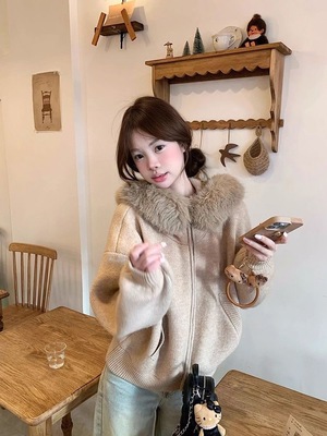 蕾朵韩系时尚高级毛领连帽针织开衫毛衣女秋冬款慵懒风宽松外套