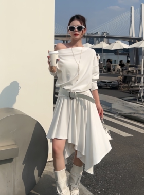 XIAOQIN白色绝美一字肩套装气质不规则裙子两件套轻奢高级感T682