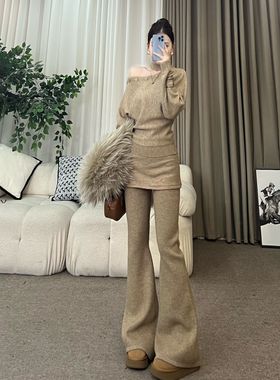 XIAOQIN【曼城旧事】秋冬毛织挂脖纽扣上衣屁帘微喇裤套装T593