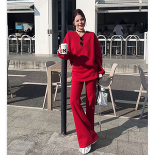 王嘻嘻【暮色雪影】圣诞复古红节日色超好看加绒拼接蕾丝套装T556