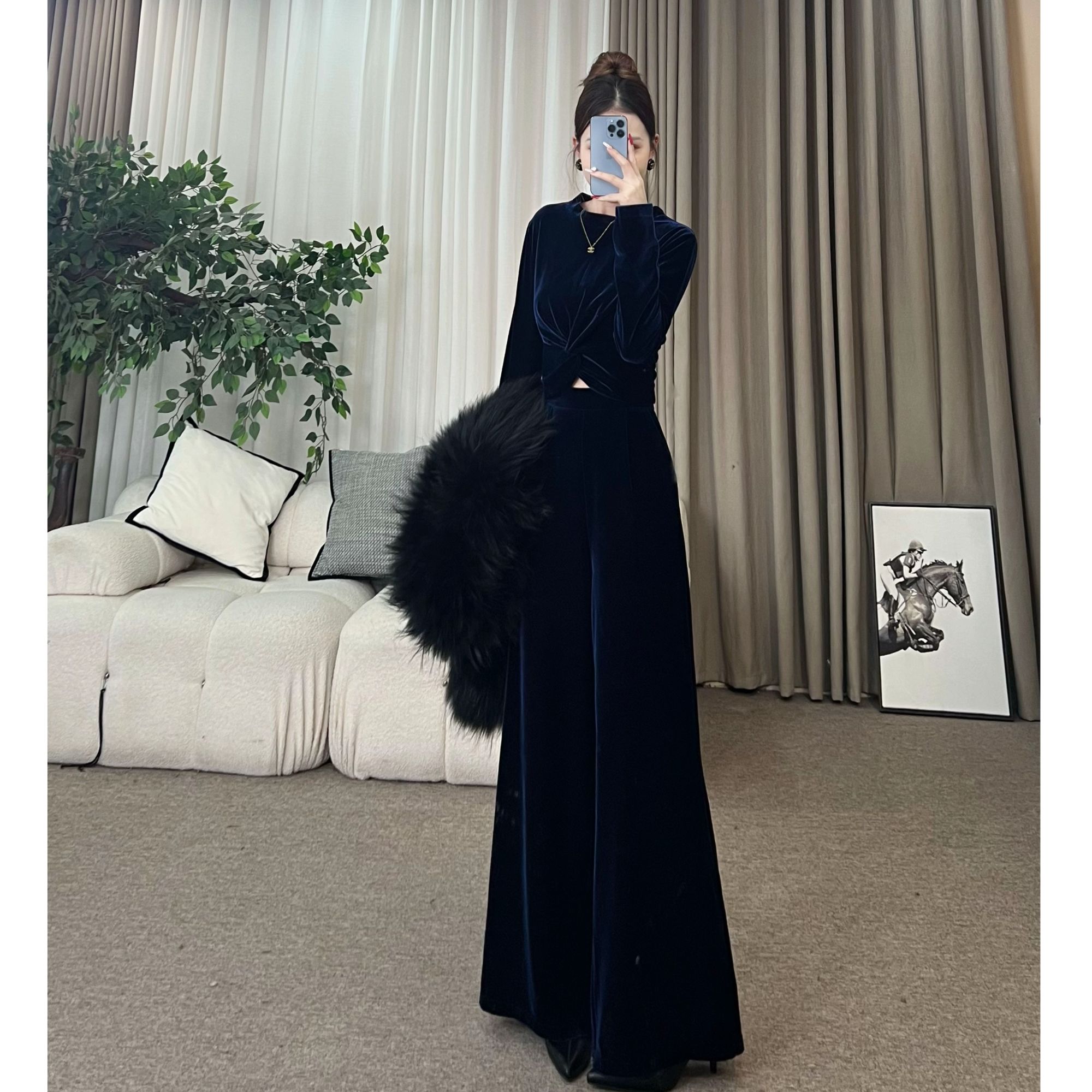 XIAOQIN【千岛寒流】冬气质扭结丝绒真丝套装轻奢高级感套装T512