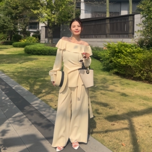 宽松韩系阔腿裤 XIAOQIN 简约荷叶边上衣套装 法式 T645 海滨微风