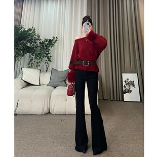 微喇叭裤 王嘻嘻 上衣修身 秋冬斜肩纹理感毛袖 T576T111 绒雪松语