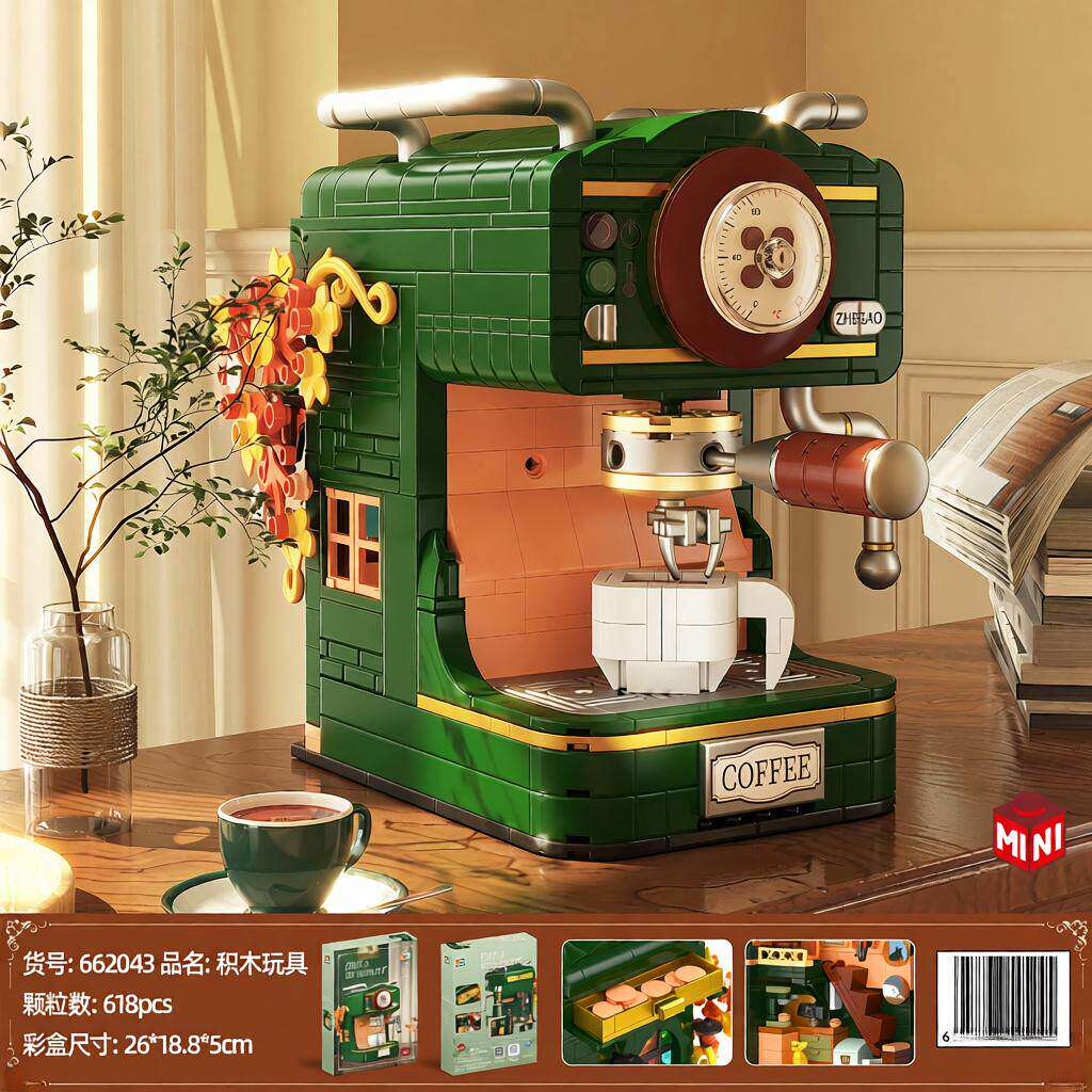 哲高中国积木新款复古咖啡机电话机相机模型迷你颗粒益智拼装玩具