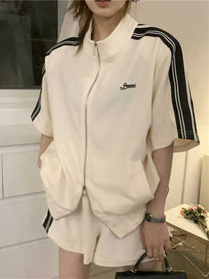 时尚运动服套装女夏季学生韩版宽松双拉链短袖外套短裤休闲两件套