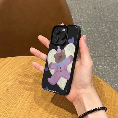 韩系ins风可爱卡通睡衣小熊适用苹果17promax不会撞壳手机壳新款iphone14亮黑色15磨砂13女12防摔16全包软壳