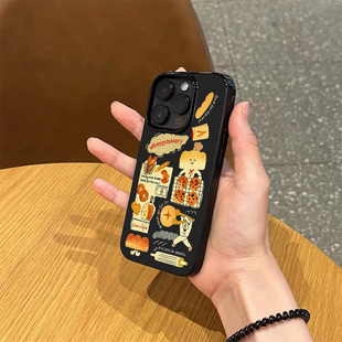 ins小众趣味面包小人手机壳适用苹果17promax新款 iPhone16pro亮黑色15磨砂14轻薄13硅胶12情侣11全包防摔软壳