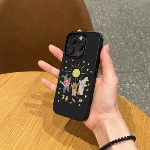 韩系ins太阳猫兔卡通手机壳适用苹果17promax新款 11超薄16全包防摔软壳 iphone14亮黑色15pro硅胶13磨砂12女款