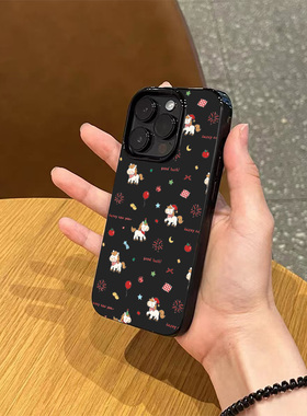 ins马年喜庆烟花小马手机壳适用苹果17promax新款iPhone16亮黑色15硅胶14磨砂13超薄12小众女11全包防摔软壳
