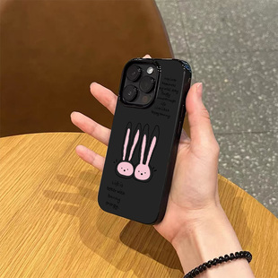 ins简约黑色长耳朵兔子手机壳适用苹果18promax新款iPhone17亮面黑色16pro磨砂11超薄15硅胶14女款13全包软壳