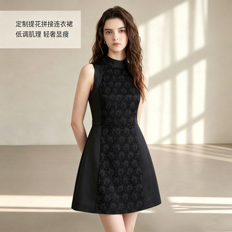 连衣裙拼接高领字女小轻奢无袖
