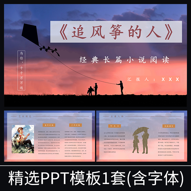 s025追风筝的人物介绍作者胡赛尼卡通简约炫彩时尚课件ppt模板