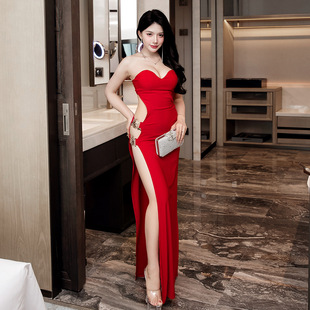 夜总会高开叉性感连衣裙女夜场深V低胸收腰显瘦抹胸包臀长裙子