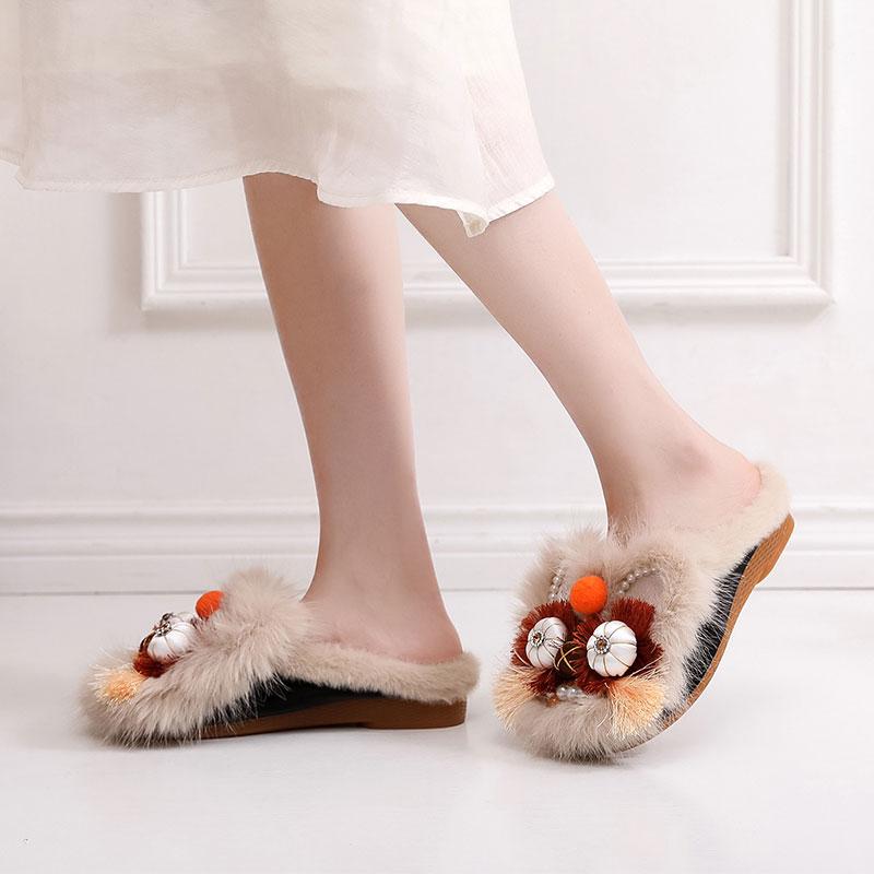 冬季加绒平底毛拖鞋汉服鞋虎头鞋