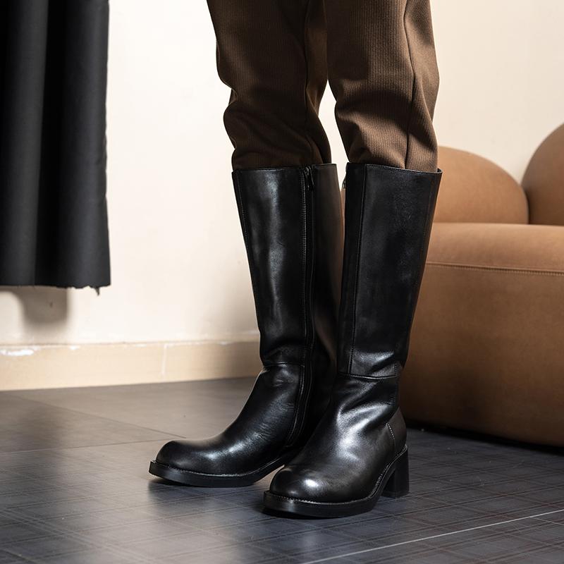 水洗小牛皮长筒靴男6cm增高筒靴