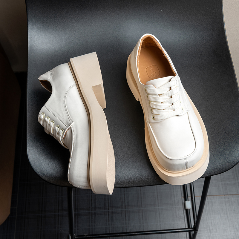 里外全头层牛皮白色厚底德比鞋男