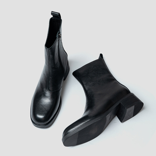高跟鞋 小牛皮增高中筒切尔西马丁靴极简方头皮靴子男Vibe靴 先生