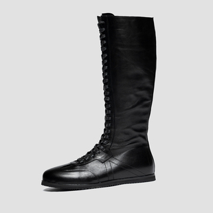 小牛皮平底长靴男款 真皮高筒马丁靴骑士靴帅气绑带机车靴训练靴