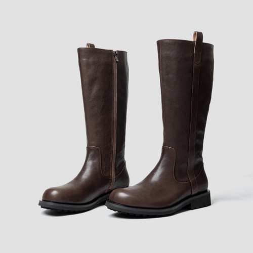 里外全真皮马靴男款棕色长筒靴子