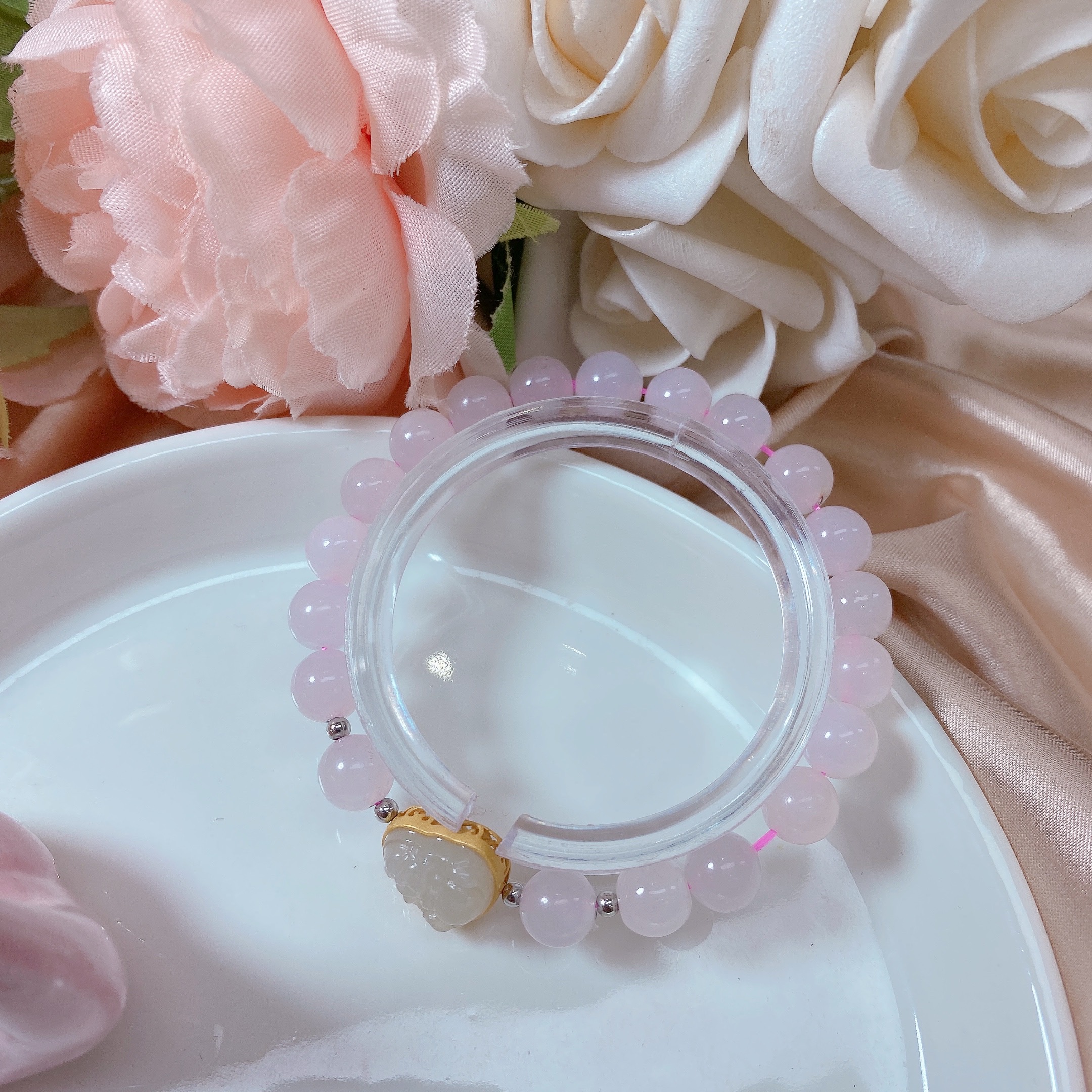 纯天然和田玉藕粉色冰底特油手串diy精雕佛公高档时尚手链卡8mm