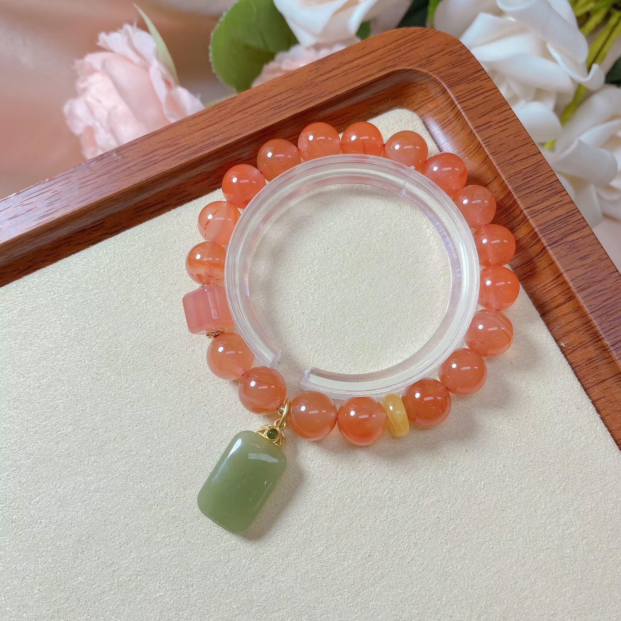 天然保山樱桃红冰飘南红玛瑙手串原创diy平安无事牌手链卡10mm