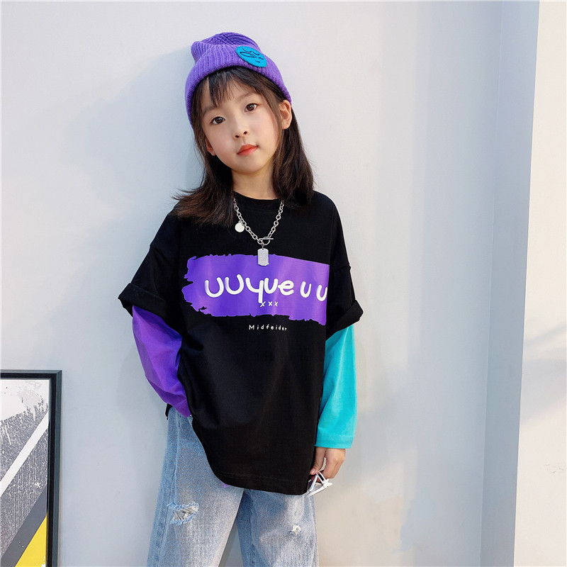 男女童纯棉打底衫中大儿童春秋新款帅气男童拼色假两件长袖t恤潮