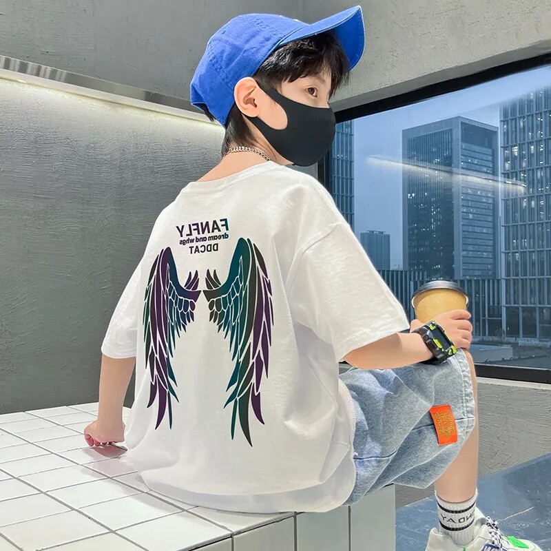 男童夏季翅膀印花短袖t恤2024新款中大童男孩夏装儿童纯棉上衣潮图片