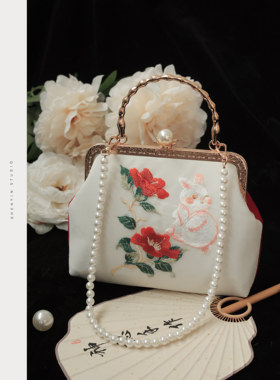 神隐手作国风新年刺绣兔子红白双色包包旗袍包包珍珠新娘手提包