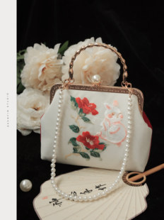 神隐手作国风新年刺绣兔子红白双色包包旗袍包包珍珠新娘手提包