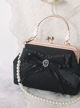 神隐手作原创设计lolita包包暗黑系蝴蝶结蕾丝刺绣珍珠旗袍口金包