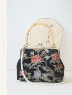 神隐手作富贵报喜国风新中式汉服手提包旗袍竹节包口金包配马面裙