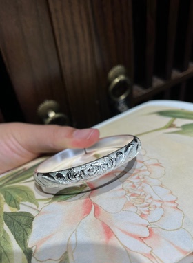 白牡丹 足银999纯银手镯女款开口镯子送女友礼物纯手工錾刻牡丹花