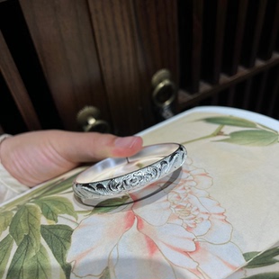 白牡丹 足银999纯银手镯女款开口镯子送女友礼物纯手工錾刻牡丹花