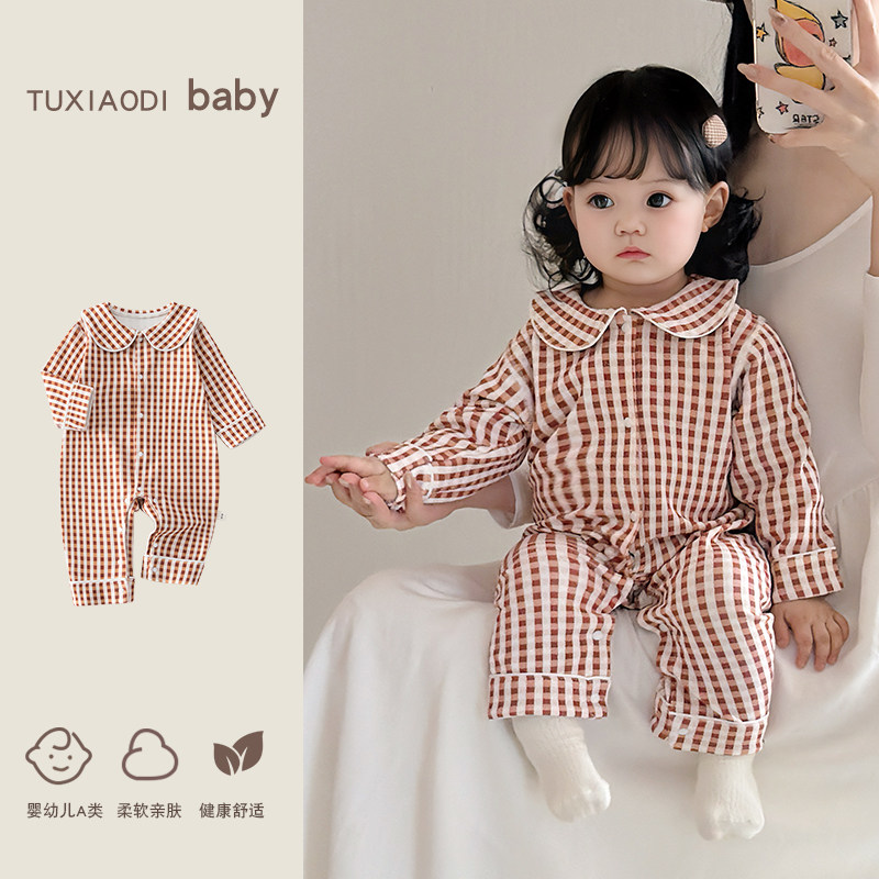 ins风春季新款男女宝格纹连体衣娃娃领长袖睡衣婴幼儿韩系外出服