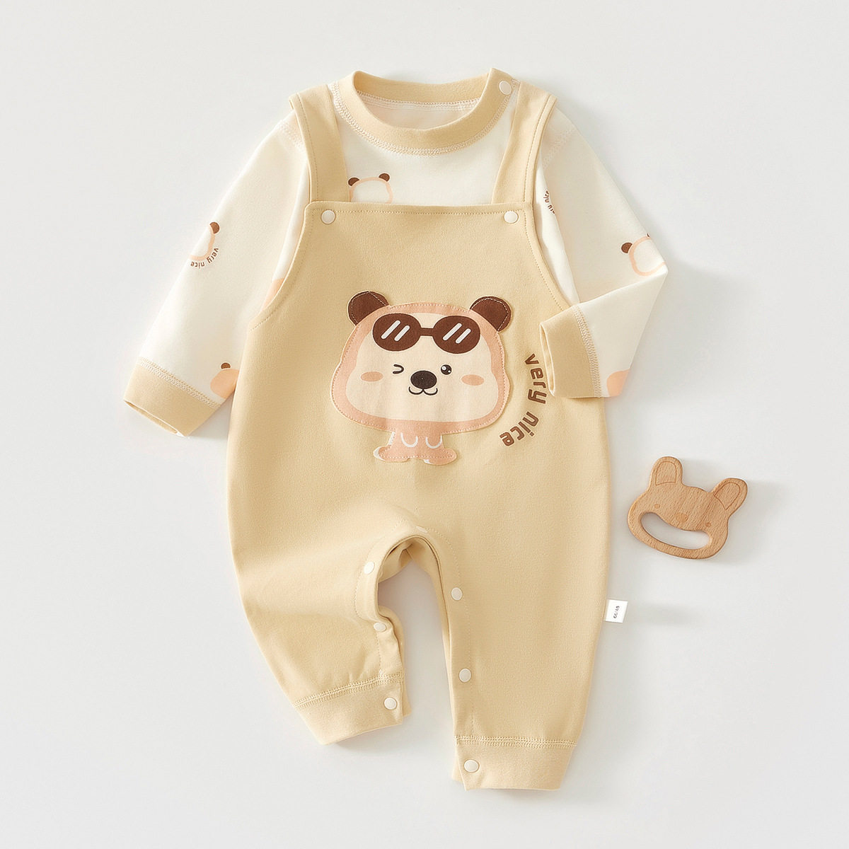 婴幼儿春季新款卡通外出服新生儿纯棉长袖上衣背带裤两件套连体衣