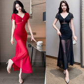 网纱黑色蕾丝低胸晚礼服显瘦遮肚酒吧前台小姐气质佳丽名媛技师服