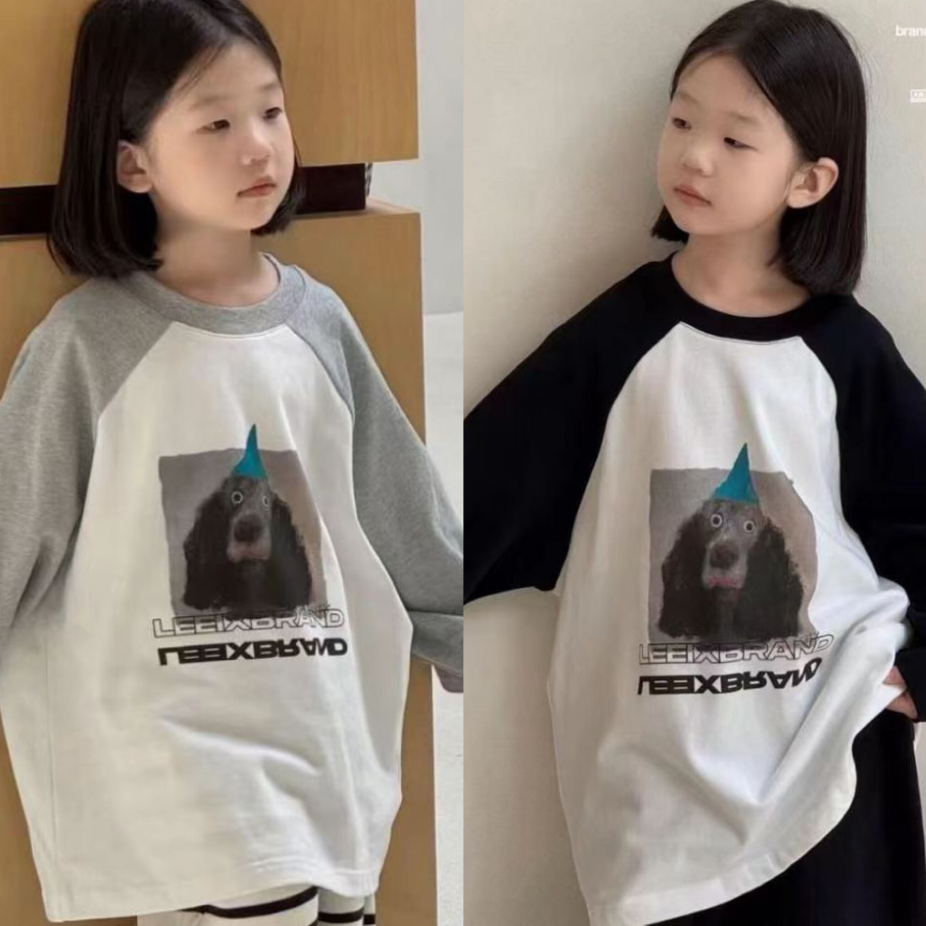 现货波拉bora韩国童装秋女男童中大童亲子小狗插肩袖拼色长袖T恤