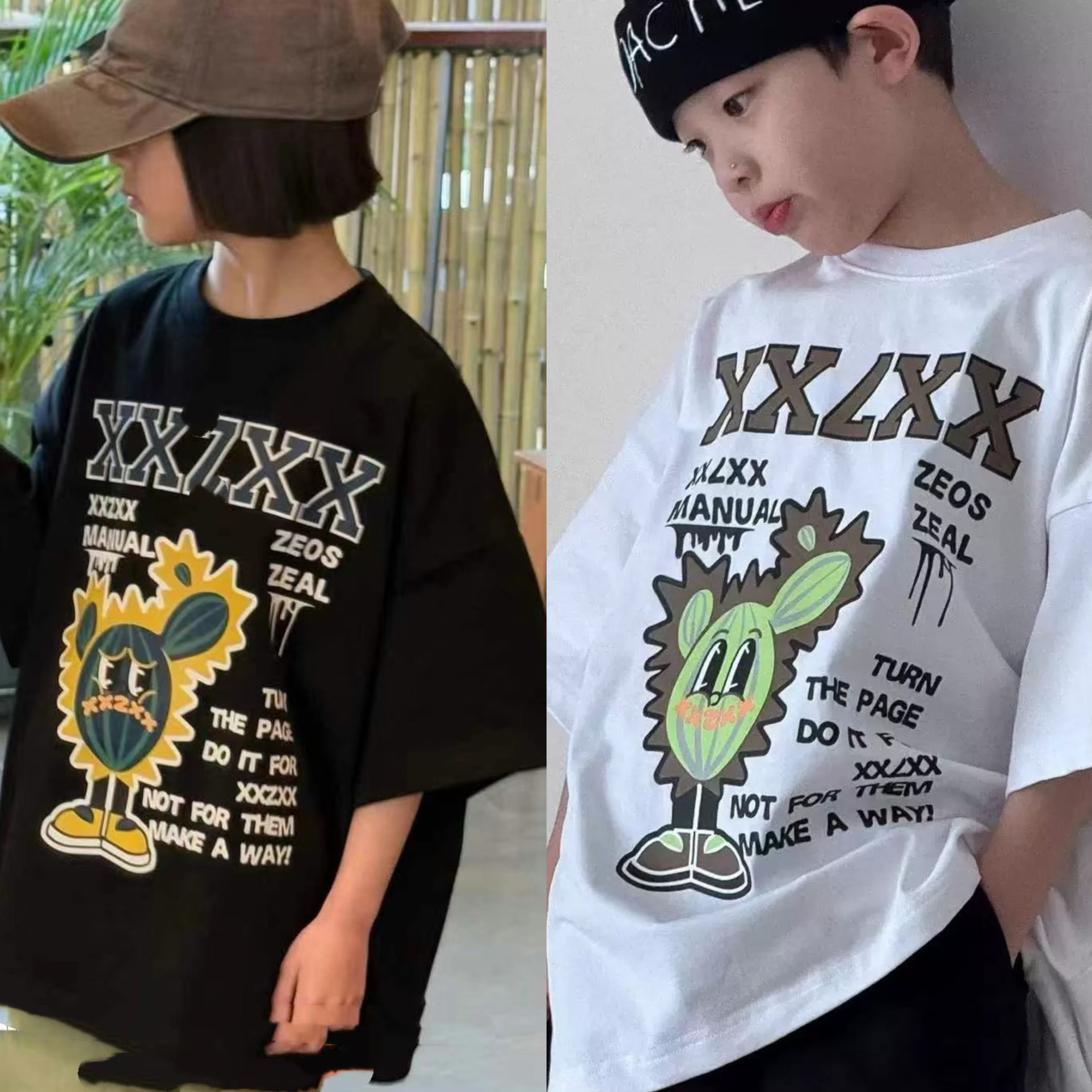 清仓现货波拉韩国男童女童中大童儿童夏亲子T恤街舞仙人掌短袖