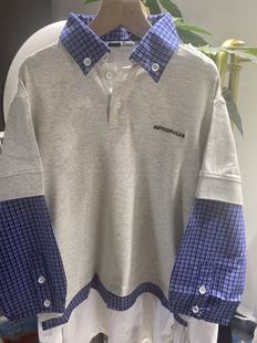 现货 波拉bora韩国童装女童男童中大童秋装假两件翻领格子卫衣