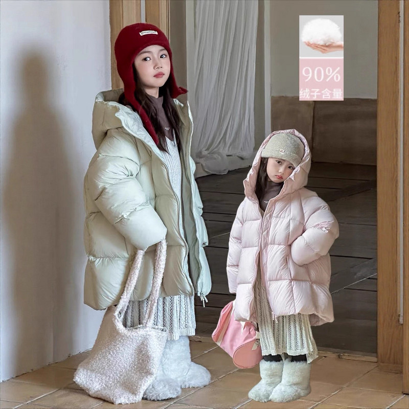 实体店儿童装波拉冬季男孩女生连帽中长款泡芙90白鸭绒羽绒服外套