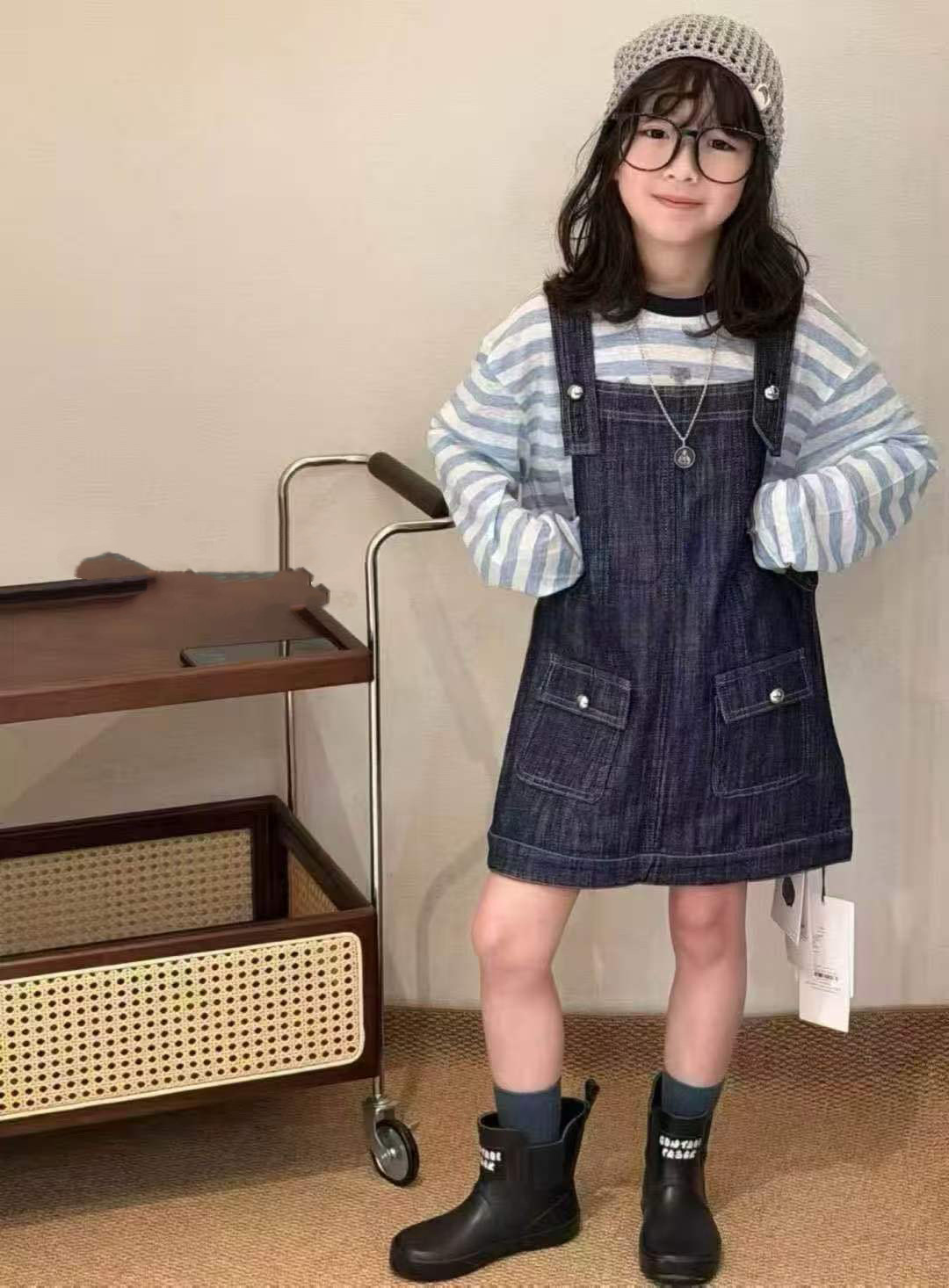 波拉bora韩国童装女童夏中大童亲子防晒长袖吊带牛仔背心裙两件套