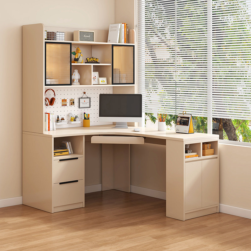实木书桌书柜一体台式转角电脑桌带洞洞板学习桌卧室家用办公桌子